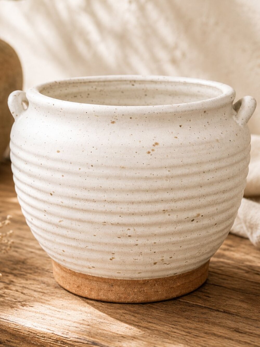 Ivory Farmhouse Style Pottery Textured Rustic Planter Utensil Holder